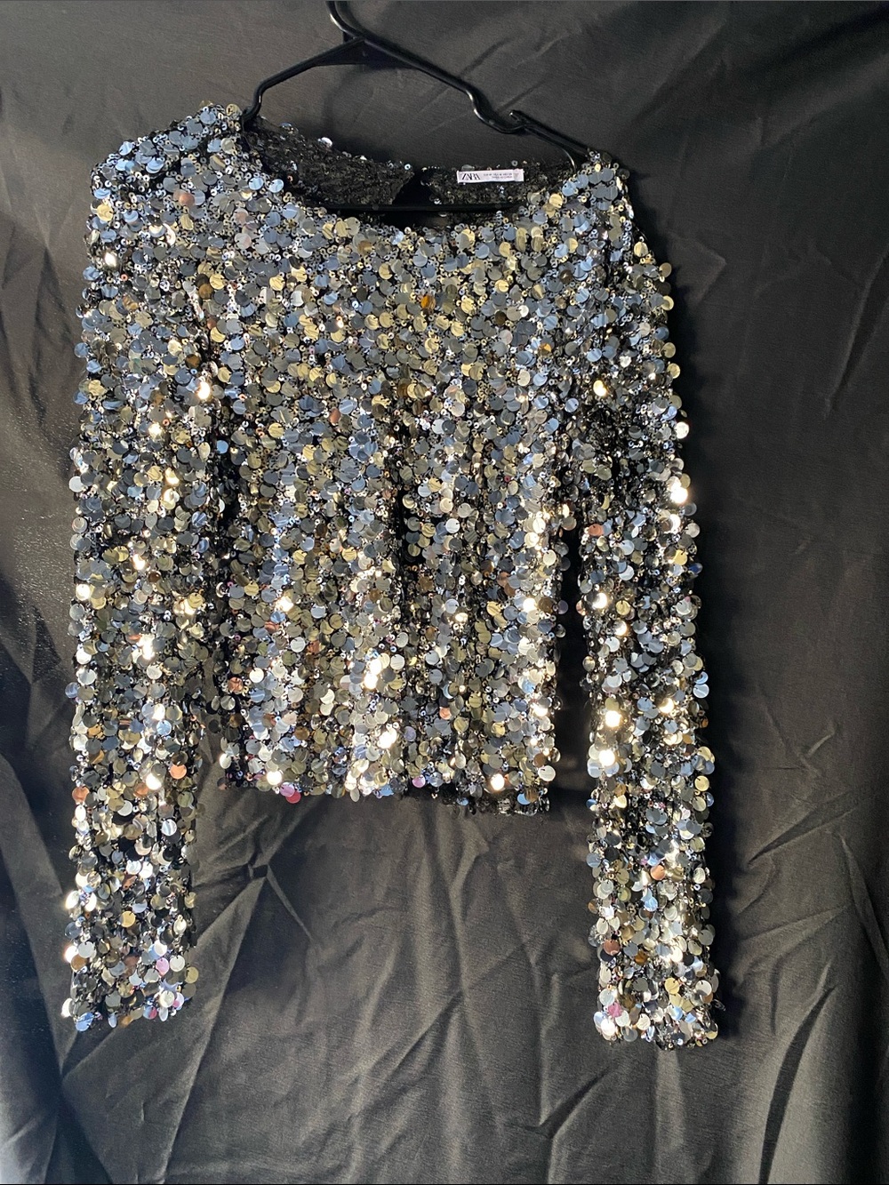 Zara Silver and Gold Sequin Long-Sleeve Crop Top